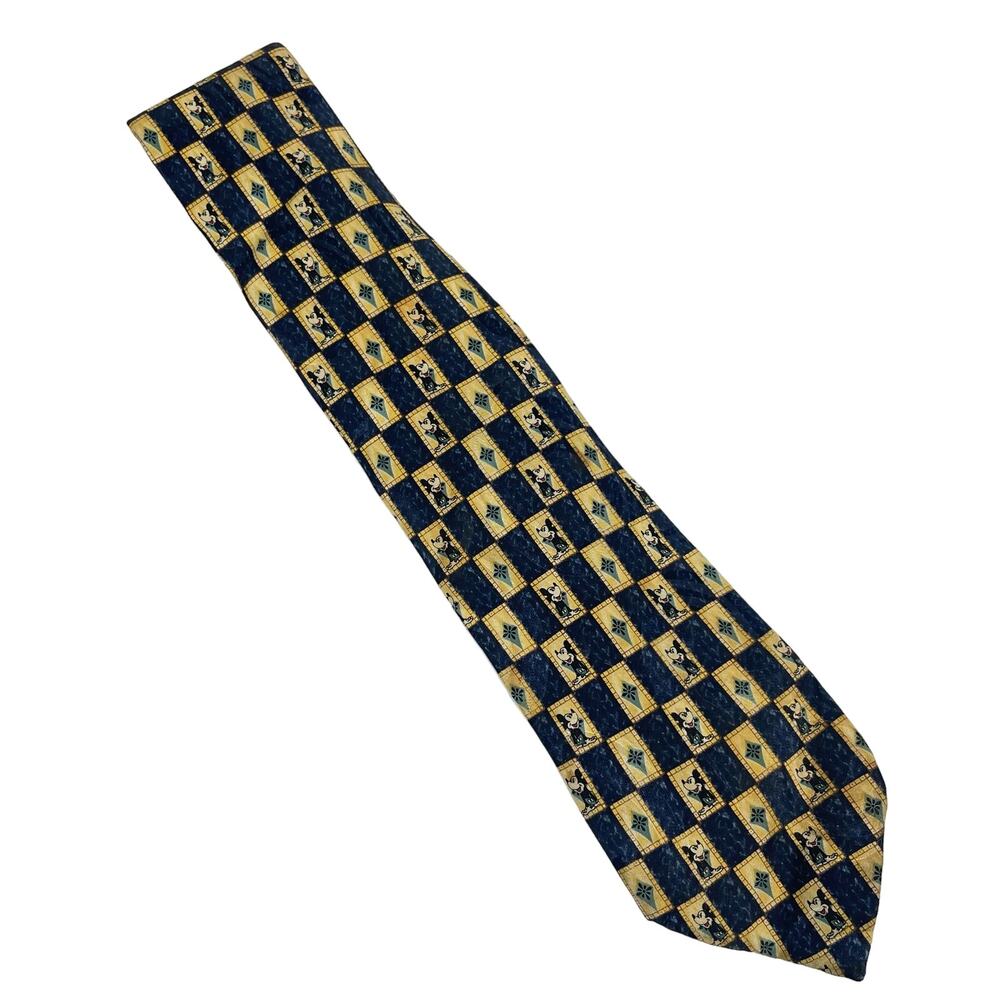 Vintage Disney‎ Navy Blue Check Mickey Mouse 100% Silk Novelty Neck Tie 90s